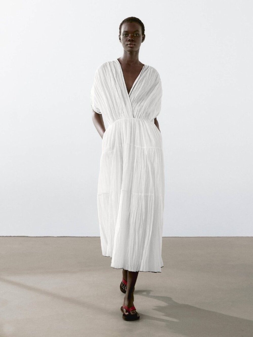 Massimo Dutti White Dress Long Womens Size Medium V Neck 6652/530 NWOT